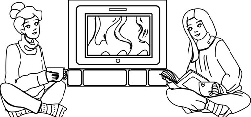 fire fireplace woman vector. drink hot, warm indoors, cozy relax fire fireplace woman character. people black line illustration