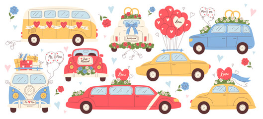 Decorated wedding car transport, vintage and expensive modern automobile and bus isolated set © Mykola Syvak