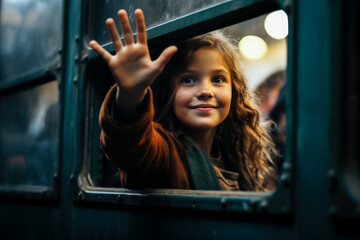 A young smiling girl waving goodbye from a train window