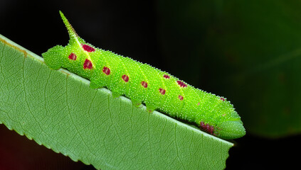 twin spotted sphinx moth caterpillar - Smerinthus jamaicensis - on host black cherry tree, red...