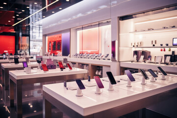 A modern smartphone shop with many different new phones.