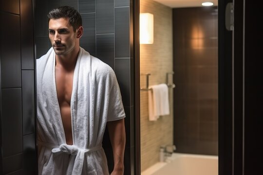 A Man In A Bathroom Coming Out Of The Shower Wearing A Towel.