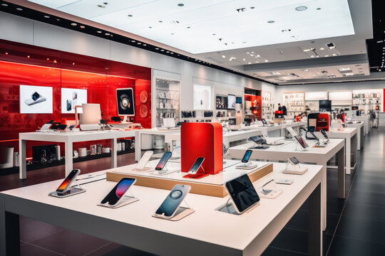 A modern smartphone shop with many different new phones.