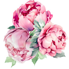 Watercolor illustration of peony flower bouquet isolated on white background