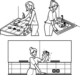 clean cleaning kitchen vector. home household, cleaner spray, table woman clean cleaning kitchen character. people black line illustration