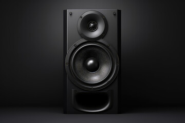 Obraz premium Black music speaker on flat gray background of studio with copy space. 3d render illustration style. 