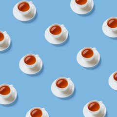 Cup of Tea on blue background. Top view. Pop art design.