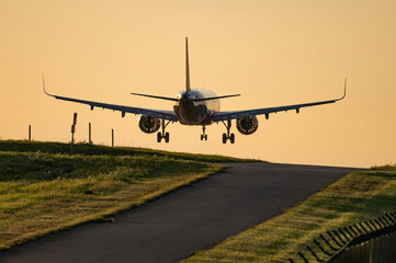 Landing at sunset.	