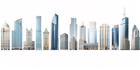 Obraz premium Assortment of distinct skyscrapers, depicted in a illustration, isolated on a white background.