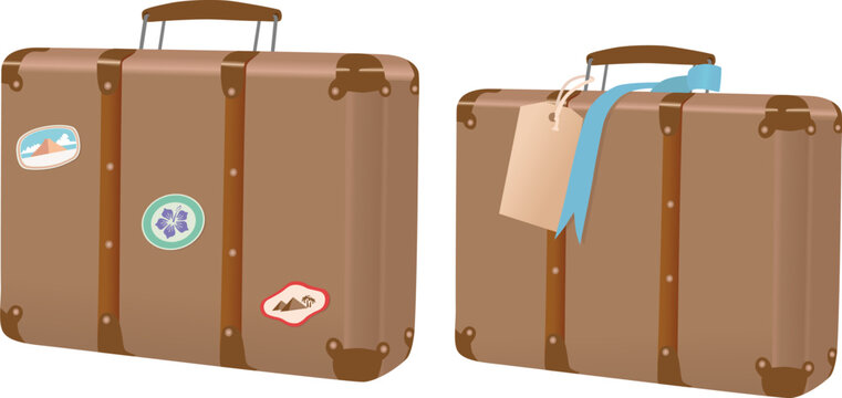 Retro suitcase for luggage in travel and trip. Vintage valise from brown leather with handle and stickers from travel.
Isolated on background, vector realistic illustration