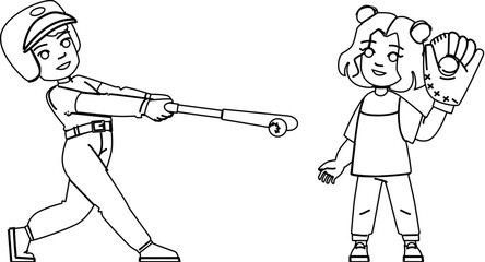 baseball kid vector. child childhood, youth game, boy sport, team base, young league baseball kid character. people black line illustration