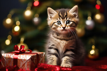 Little fluffy baby kitten with gift box. Creative Christmas holiday card.