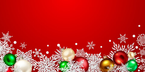 Fototapeta na wymiar Christmas illustration with beautiful complex white paper snowflakes and colored balls on red background