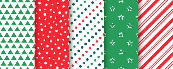 Xmas backgrounds. Christmas seamless pattern. New year prints with stripes, circles, stars, triangle. Set holiday textures. Collection festive wrapping papers. Red green backdrop. Vector illustration