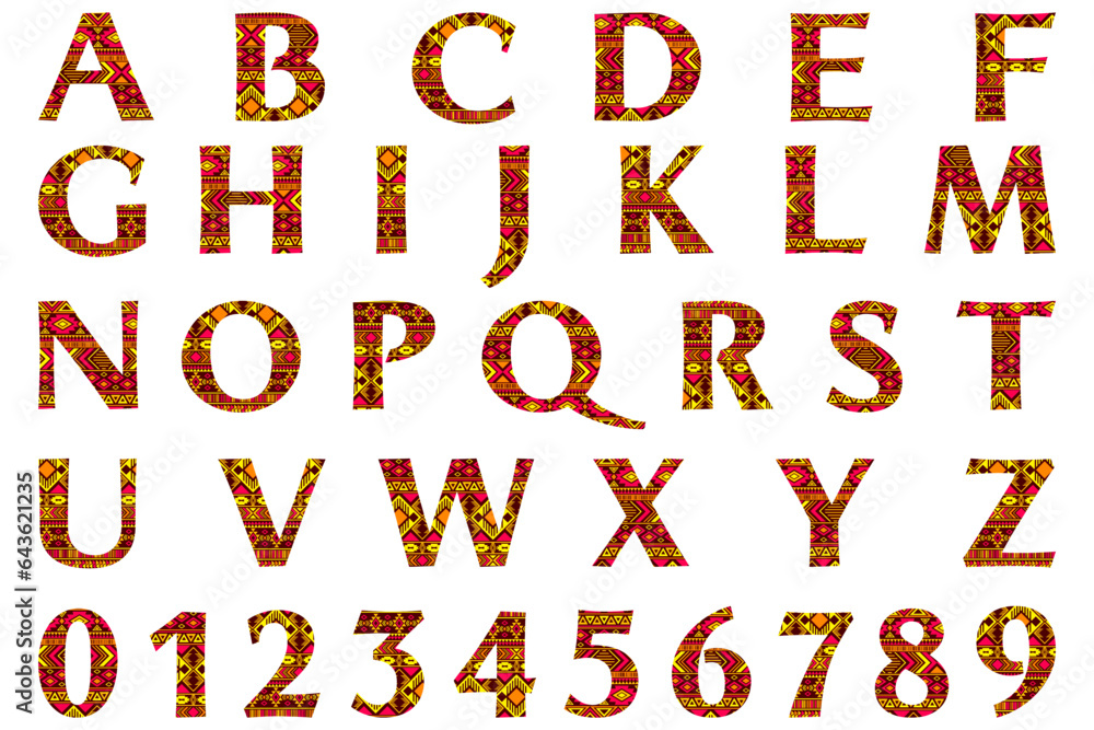 Fototapete abc letters and numbers with geometric ethnic pattern. isolated english alphabet uppercase letters a