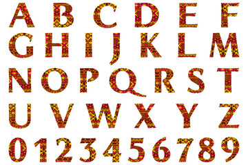 Abc letters and numbers with geometric ethnic pattern. Isolated English alphabet uppercase letters and numbers font design elements. Children book title typeface. Back to school font symbols