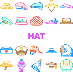 hat cap white head icons set vector. summer beach, panama female, straw mockup, woman man, clothes accessory hat cap white head color line illustrations