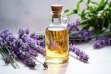 Obraz na płótnie Canvas Vintage glass bottle vial with stopper and lavender oil, lavender flowers, light background. Natural lavender essential oil. 