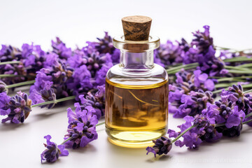 Obraz na płótnie Canvas Vintage glass bottle vial with stopper and lavender oil, lavender flowers, light background. Natural lavender essential oil. 