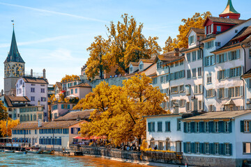 panoramic view at the old town of zurich - obrazy, fototapety, plakaty