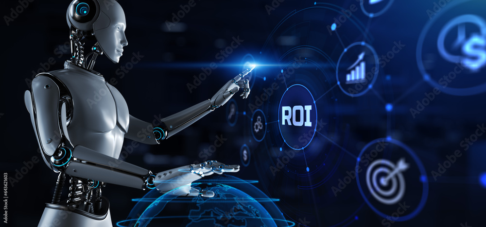 Poster roi return on investment. robot pressing virtual button 3d render illustration.
