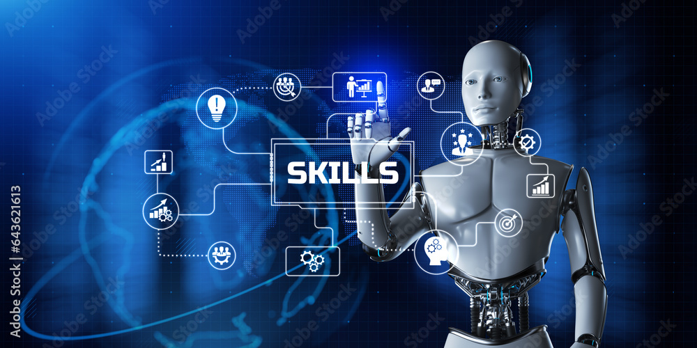 Poster skills personal training development education concept. robot pressing button on screen. 3d render.
