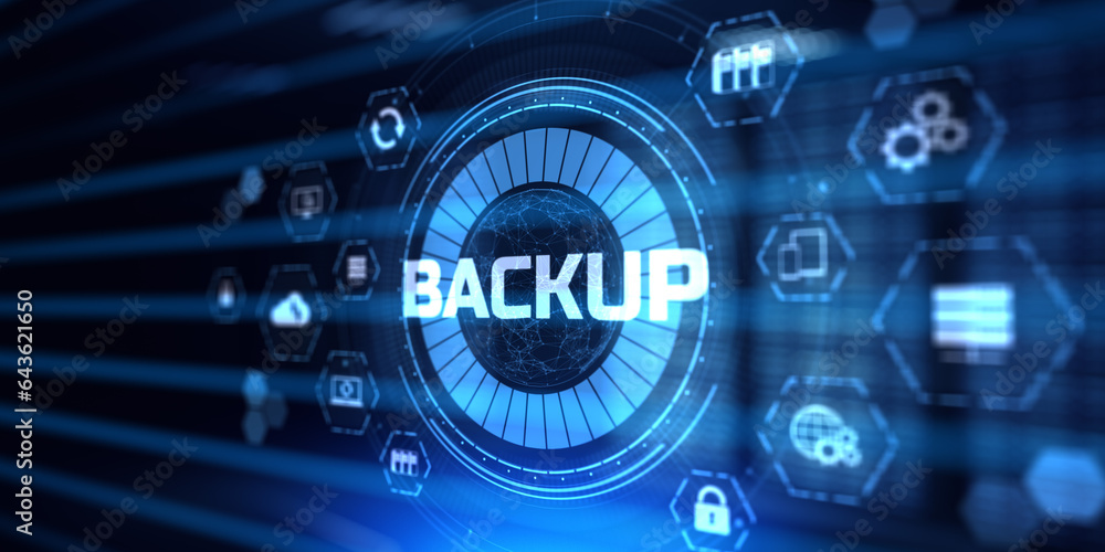 Poster data backup information protection cyber security concept on virtual screen.