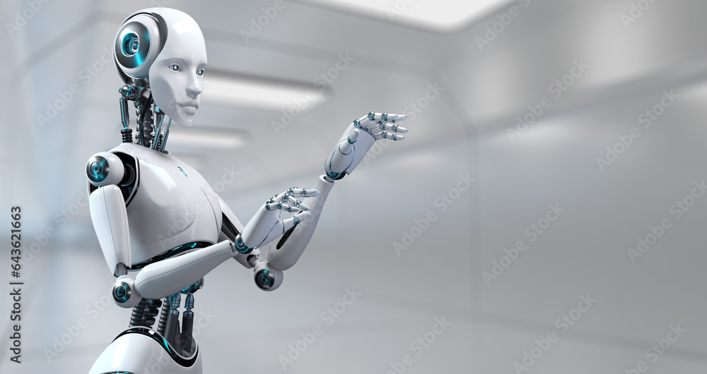 Poster robot cyborg 3d render innovation technology robotisation.