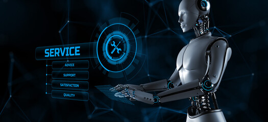 Service automation concept. Robot pressing button on screen 3d render.