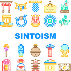 shinto japan shrine travel icons set vector. temple worship, asia architecture, religion religious, faith sintoism, japanese shinto japan shrine travel color line illustrations
