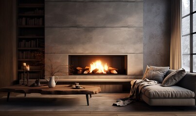 fireplace in a modern minimalist house winter concept, ai generative