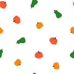 Hand drawn cute seamless pattern with little colorful pumpkins. Flat vector Thanksgiving simple print in doodle style. Autumn harvest. Repeated ripe farm vegetable background, wrapping or wallpaper.
