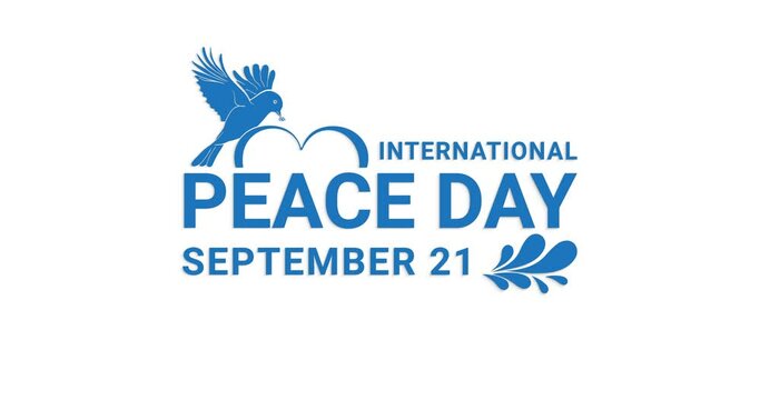 International Peace Day with Alpha channel. Text animation with Peace Dove holding an olive branch. Great for events, campaigns, and festivals. Transparent background. Easy to put into any video