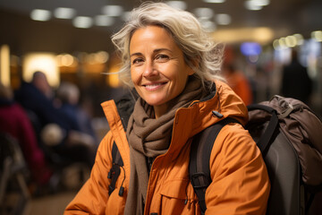 aged grey haired woman going on holidays - obrazy, fototapety, plakaty