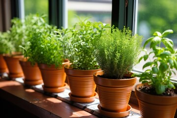 Herbs in pots on window sell. Home gardening
