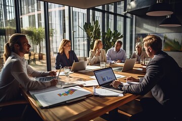 Business people group meeting in office. Professional businesswomen, businessmen, and office workers work in team conferences with project planning documents on the meeting table.