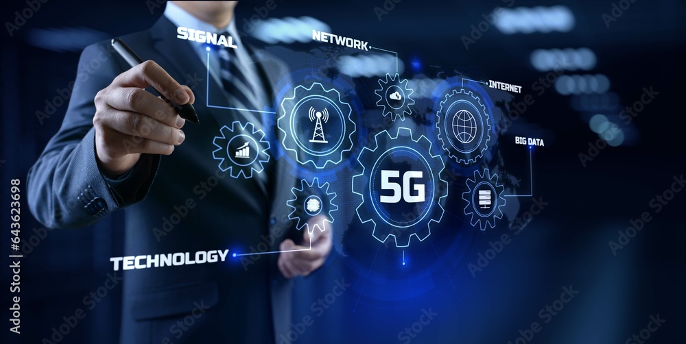 Poster 5g high-speed internet connection concept. businessman pressing button on screen.