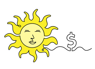 Abstract color sun-face with dollar as line drawing on white