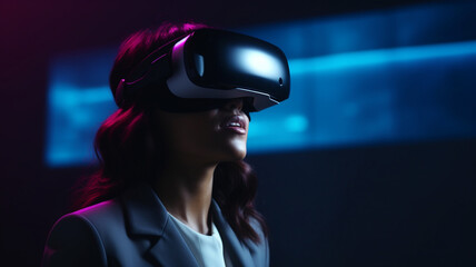 Adult businesswoman and VR headset in dark room. VR concept. Generative AI.