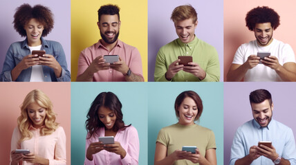 Modern diverse men and women texting messages on smartphones with pastel background. Generative AI.