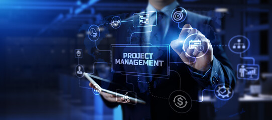 Project management business corporate technology. Businessman pressing button on screen.