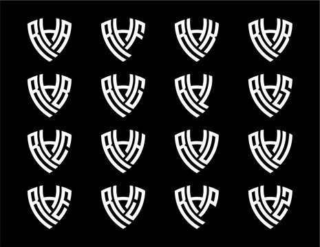 RHA, RHB, RHC, RHE, RHF, RHG, RHH, RHJ, RHK, RHL, RHO, RHP, RHR, RHS, RHU, RHZ creative letter shield logo design vector icon illustration