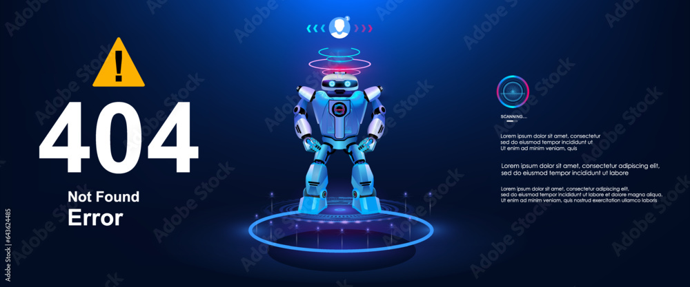 Poster 404 page error with cyber screen and robot. repair service. server error. server failure to have dat
