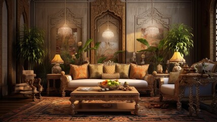 Fototapeta na wymiar Classic Indian Living Room. Cultural Richness in Stunning Detail
