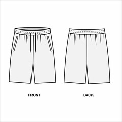Technical drawing of sports shorts isolate on a white background. Sketch of swim shorts, with drawstring, front and back views. Template of classic men's shorts in casual style. - obrazy, fototapety, plakaty