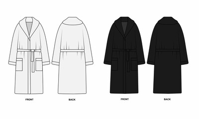 Set of illustrations of bathrobes isolate on a white background. Outline sketch of a robe front and back view. Bathrobes template in white and black colors. - obrazy, fototapety, plakaty