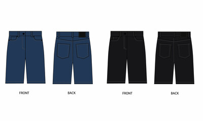 Technical drawing of short denim pants isolated on a white background. Sketch of denim shorts with pockets, front and back views. Blue and black denim shorts template.