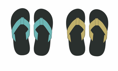 Set of illustrations of summer sandals in blue and yellow colors isolated on a white background. Sketch of flip-flops with rubber soles for summer holidays.