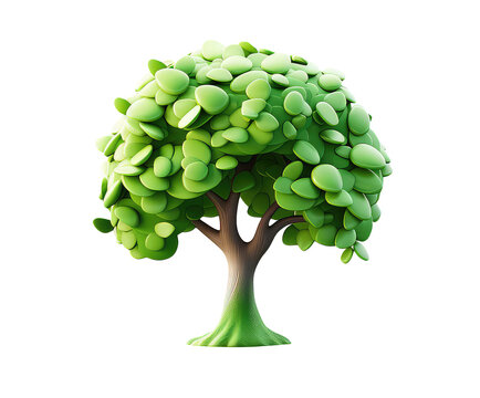 Cute green tree in cartoon clay toy style, pastel colors, isolated on white background. 3d render illustration isometric detailed icon clipart. Png with transparent background, cutout.