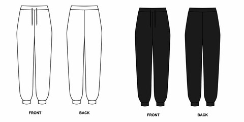 Illustration of jogger sweatpants isolate on a white background. Outline sketch of joggers front and back view.  - obrazy, fototapety, plakaty